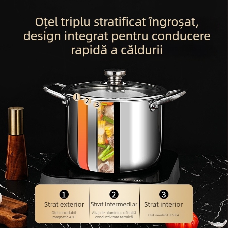 Oală de supă din oțel inoxidabil 304, fund gros, fără acoperire, vas cu aburi și oală pentru tocană cu două mânere, compatibilă cu inducția