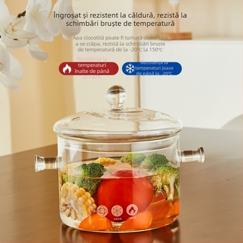 Vas de supă din sticlă borosilicată, capac, rezistent la temperaturi înalte, compatibil cu inducția, 1,1–2 L, cu mâner dublu.