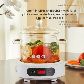 Vas de supă din sticlă borosilicată, capac, rezistent la temperaturi înalte, compatibil cu inducția, 1,1–2 L, cu mâner dublu.