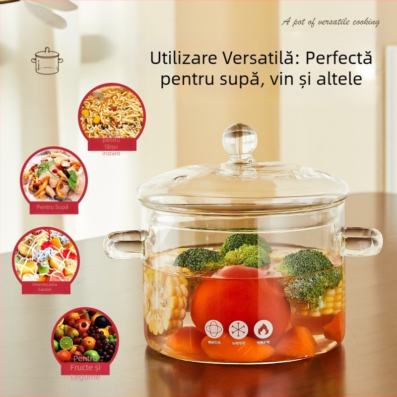 Vas de supă din sticlă borosilicată, capac, rezistent la temperaturi înalte, compatibil cu inducția, 1,1–2 L, cu mâner dublu.