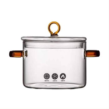 Vas din sticlă borosilicată, transparent, cu mâner roșu, pentru flacără deschisă, pentru oden, supe și tăiței, 1.1–2 L