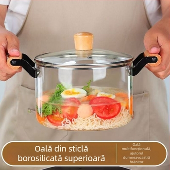 Oală de gătit din sticlă borosilicat rezistentă la temperaturi înalte, cu două mânere din lemn, oală de supă din sticlă cu grosime, oală de wellness din sticlă, oală transparentă pentru vin roșu