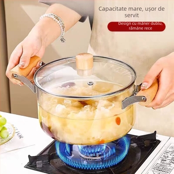 Oală de gătit din sticlă borosilicat rezistentă la temperaturi înalte, cu două mânere din lemn, oală de supă din sticlă cu grosime, oală de wellness din sticlă, oală transparentă pentru vin roșu