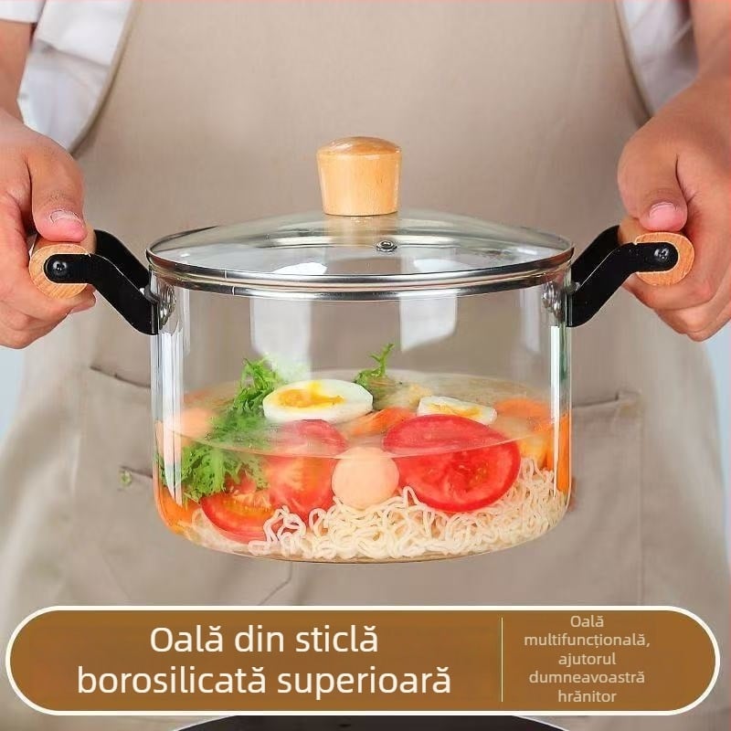 Oală de gătit din sticlă borosilicat rezistentă la temperaturi înalte, cu două mânere din lemn, oală de supă din sticlă cu grosime, oală de wellness din sticlă, oală transparentă pentru vin roșu