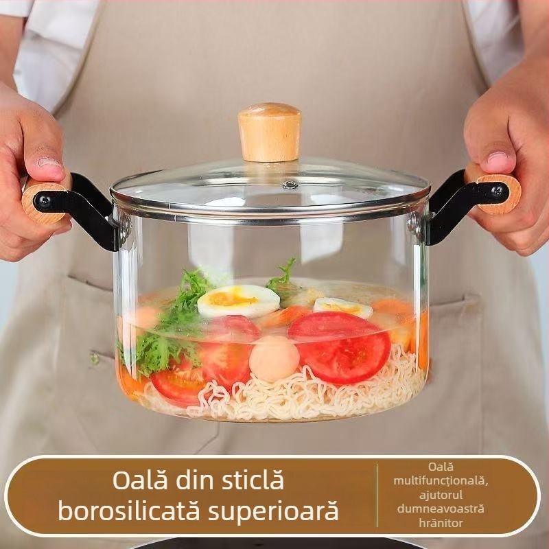Oală de gătit din sticlă borosilicat rezistentă la temperaturi înalte, cu două mânere din lemn, oală de supă din sticlă cu grosime, oală de wellness din sticlă, oală transparentă pentru vin roșu