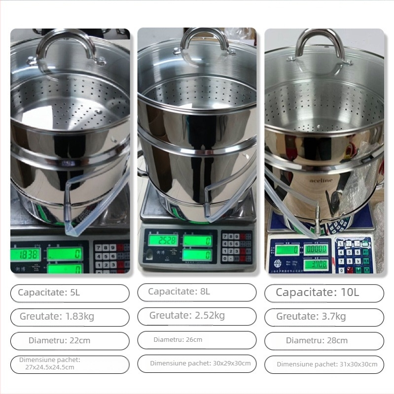 Oală din oțel inoxidabil pentru suc și aburi de fructe cu capac din sticlă, 5L/8L/10L