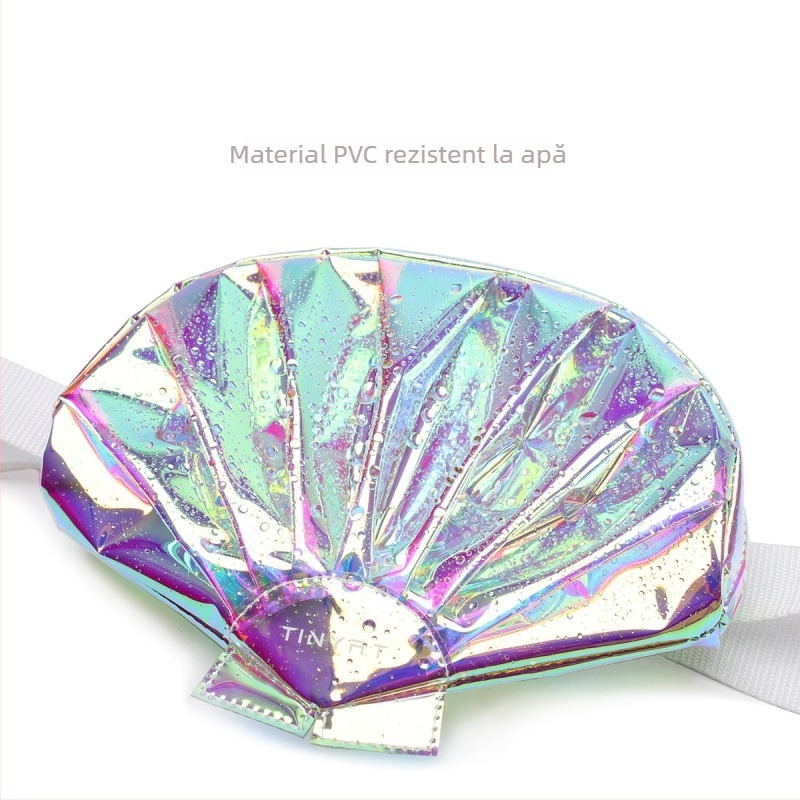 Geantă de umăr crossbody din PVC argintie, cu model scoică colorat, pentru purtare zilnică