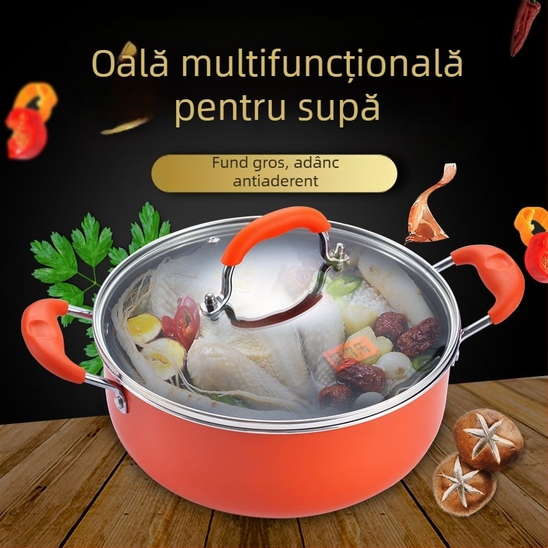 Oală de supă cu două mâneri, antiaderentă, oală pentru lapte, fără fum, pentru hot pot și alte preparate, compatibilă cu inducția.