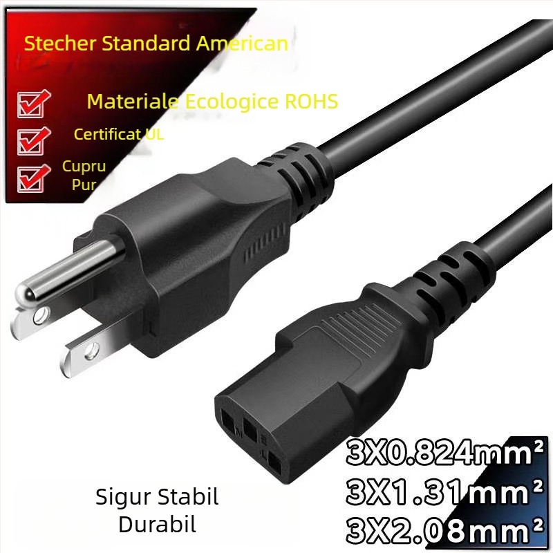 Cablu cu priză BS, standard britanic, 2–3 conductori, 3‑pin, capăt în formă de 8