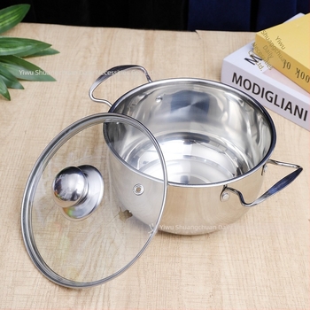 Pors oală de supă din oțel, cu două mâneri și capac, bază rotundă groasă, oțel inoxidabil 201 nemagnetic