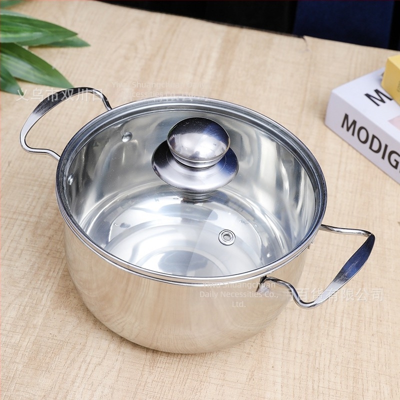 Pors oală de supă din oțel, cu două mâneri și capac, bază rotundă groasă, oțel inoxidabil 201 nemagnetic