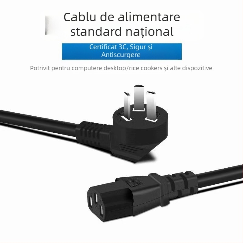 Cablu de alimentare cu trei conductori din cupru, 0,75 mm², izolație PVC, 1,5 m, conector cu trei pini, potrivit pentru monitor PC și oală de gătit orez