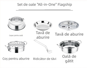 Oală din oțel inoxidabil pentru aburi, cu platou de aburi și coș, 3 niveluri, pentru supe și fructe de mare, capac înalt