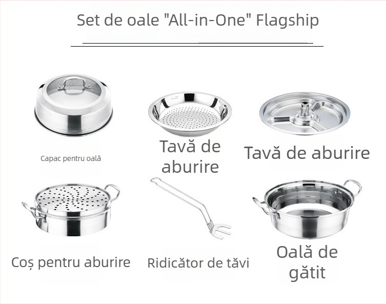 Oală din oțel inoxidabil pentru aburi, cu platou de aburi și coș, 3 niveluri, pentru supe și fructe de mare, capac înalt