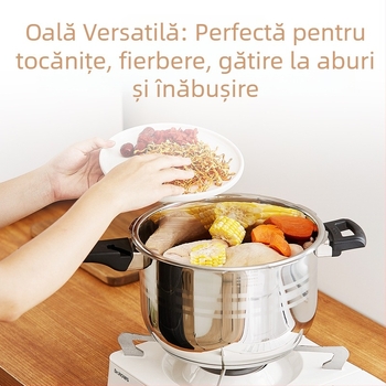 Shunda oală sub presiune din oțel inoxidabil, bază triplu-strat întărit, pentru uz casnic, compatibilă cu plitele pe gaz și inducție