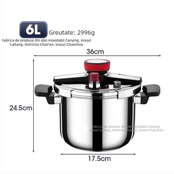 Oală sub presiune din oțel inoxidabil 304, trei straturi, capacitate 4–6 L, compatibilă cu plite cu inducție și gaz, rezistentă la explozie