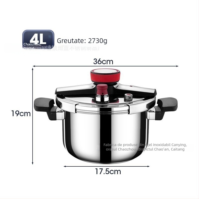 Oală sub presiune din oțel inoxidabil 304, trei straturi, capacitate 4–6 L, compatibilă cu plite cu inducție și gaz, rezistentă la explozie