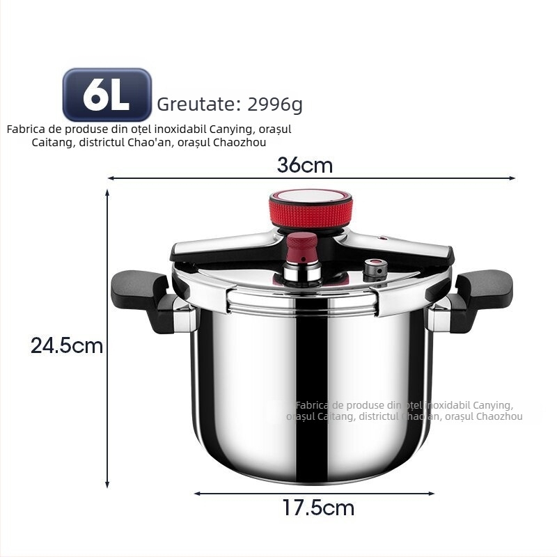 Oală sub presiune din oțel inoxidabil 304, trei straturi, capacitate 4–6 L, compatibilă cu plite cu inducție și gaz, rezistentă la explozie