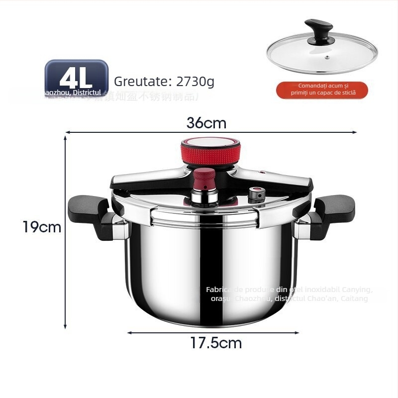 Oală sub presiune din oțel inoxidabil 304, trei straturi, capacitate 4–6 L, compatibilă cu plite cu inducție și gaz, rezistentă la explozie