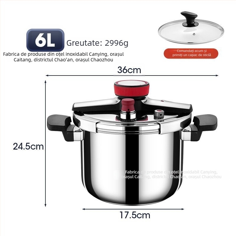 Oală sub presiune din oțel inoxidabil 304, trei straturi, capacitate 4–6 L, compatibilă cu plite cu inducție și gaz, rezistentă la explozie