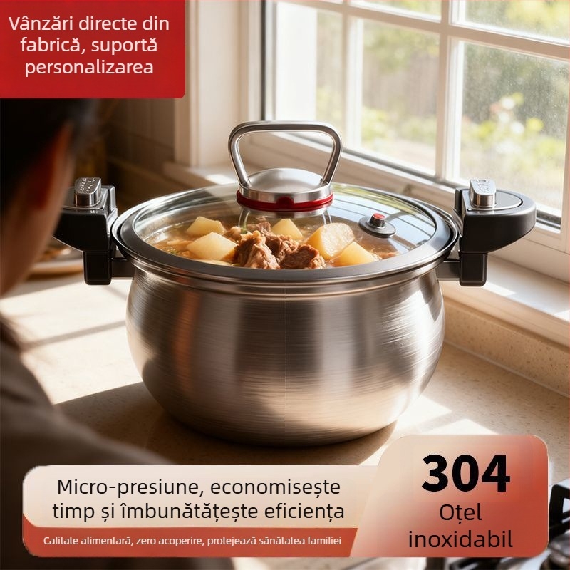 Oală pentru supă din oțel inoxidabil 304 îngroșat, fără strat, capac din sticlă, mâner dublu, compatibilă cu gaz și inducție