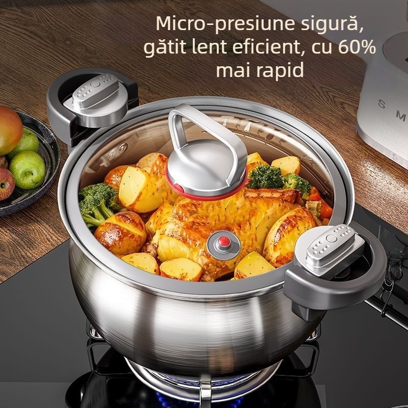 Oală pentru supă din oțel inoxidabil 304 îngroșat, fără strat, capac din sticlă, mâner dublu, compatibilă cu gaz și inducție