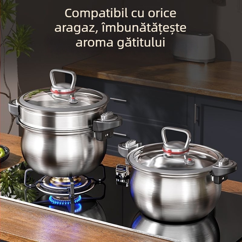 Oală pentru supă din oțel inoxidabil 304 îngroșat, fără strat, capac din sticlă, mâner dublu, compatibilă cu gaz și inducție