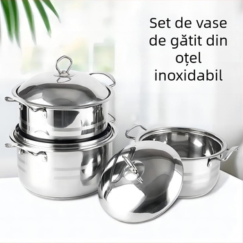 Set de vase din oțel inoxidabil, 10 piese, cu bază triplu-strat și oală de supă