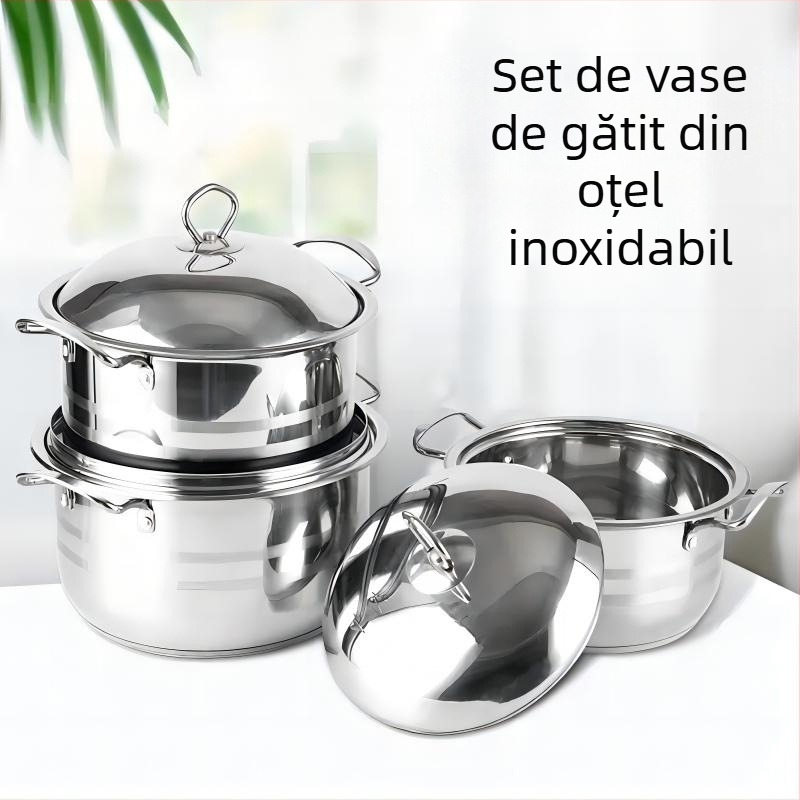 Set de vase din oțel inoxidabil, 10 piese, cu bază triplu-strat și oală de supă