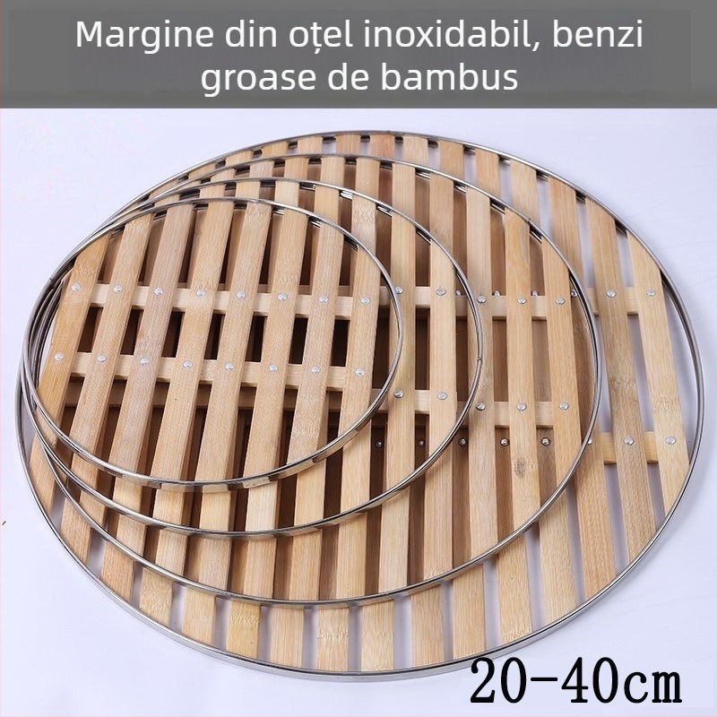Set din bambus pentru gătit la abur, cu coș cu margini pentru tigaie, ideal pentru pâinici și gyoza; include tavă din oțel inoxidabil pentru aburi și covoraș de aburi