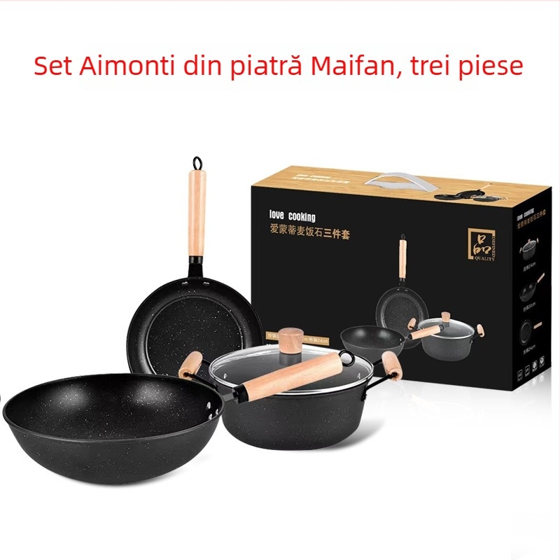 Set din Maifan Stone: trei piese – wok, oală de supă și tigaie pentru prăjit; fund plat, tigaie din fier cu strat antiaderent.
