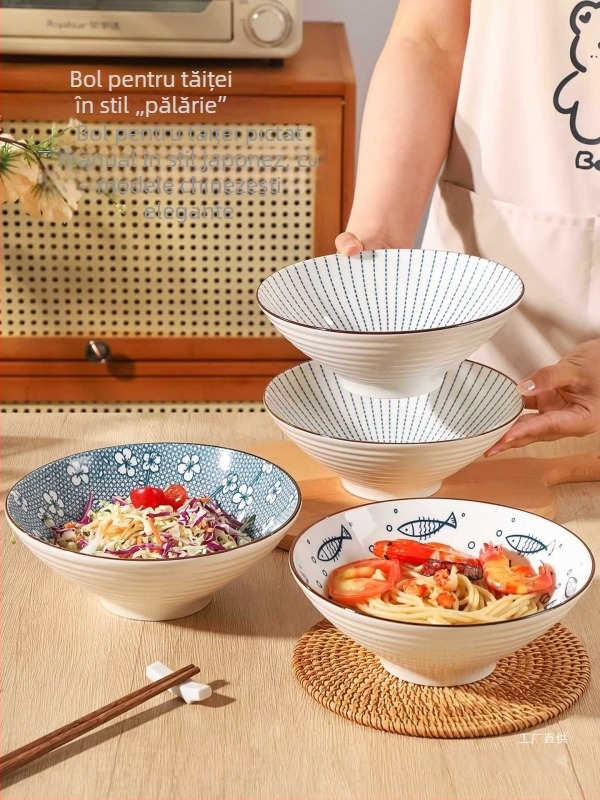 Bol ceramic în stil japonez, mare, pentru noodles, uz casnic și în cămine, diametru 20 cm