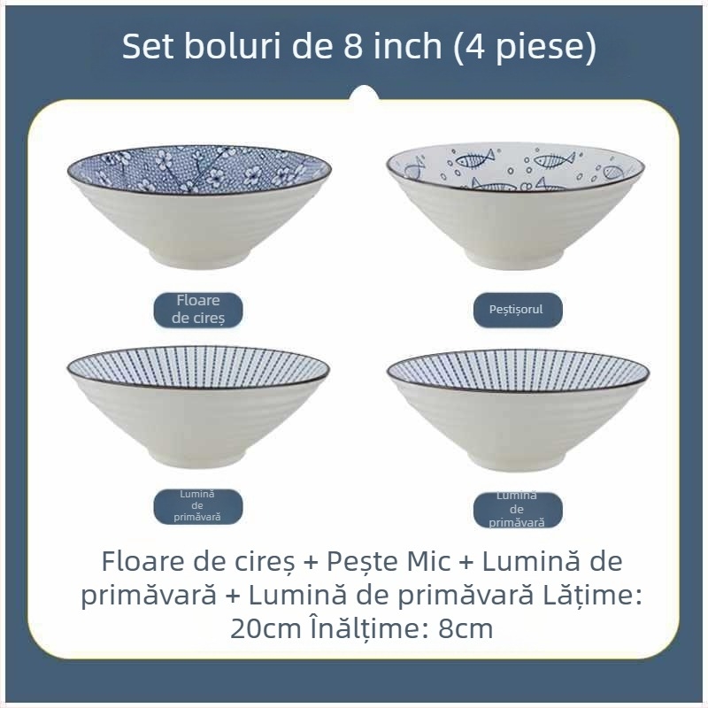 Bol ceramic în stil japonez, mare, pentru noodles, uz casnic și în cămine, diametru 20 cm