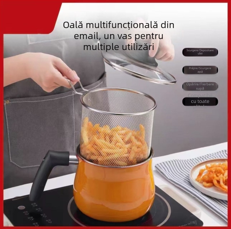 Oală emailată de uz casnic: vas caserolă, ceainic de cafea și tigaie — vas de gătit multifuncțional, o singură oală pentru mai multe utilizări, compatibil cu gaze și plite cu inducție