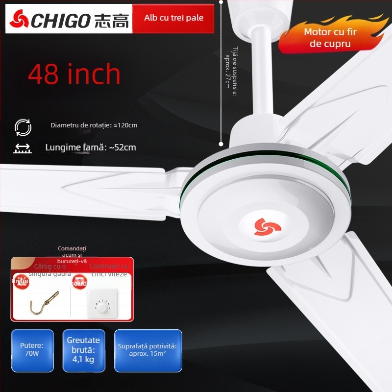 Chigo ventilator de tavan FC-30, înaltă putere, 70W, 220V, telecomandă, 3/5 palete, pentru uz casnic și industrial, 50Hz