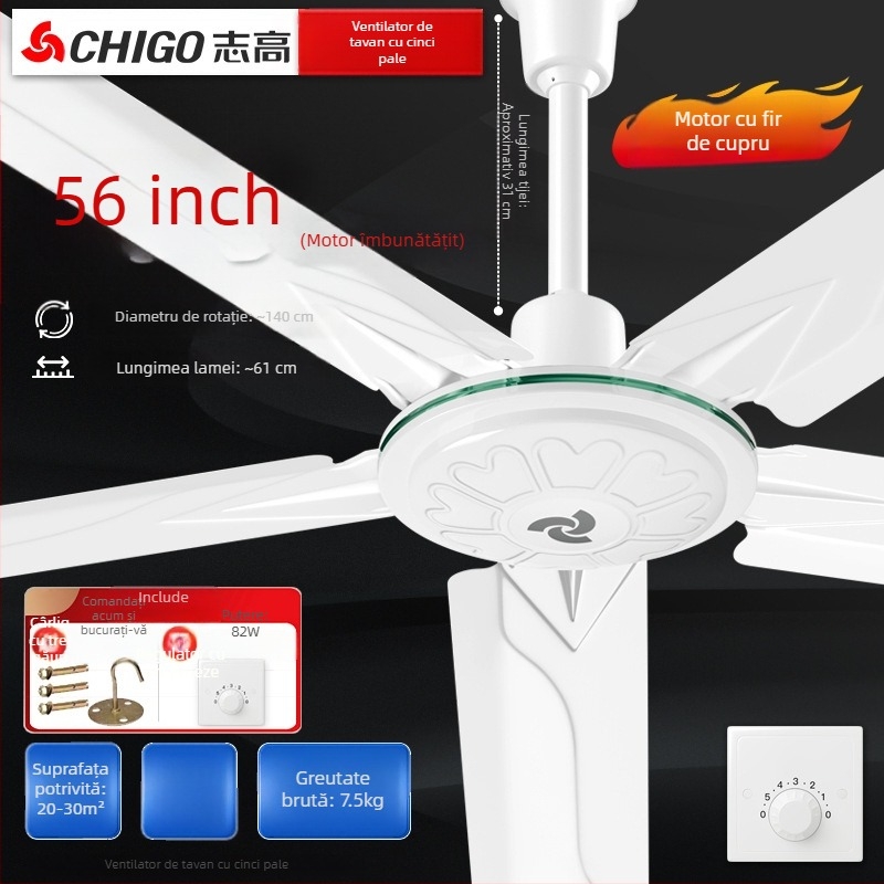 Chigo ventilator de tavan FC-30, înaltă putere, 70W, 220V, telecomandă, 3/5 palete, pentru uz casnic și industrial, 50Hz