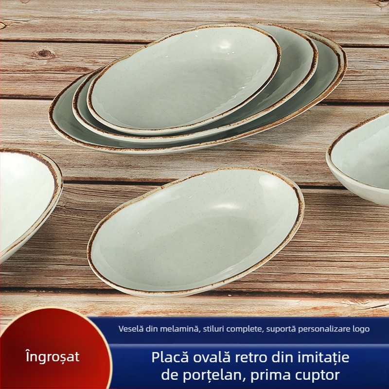 Farfurie ovală din melamină pentru pește, finisaj imitând porțelanul, stil retro japonez în formă de barcă, farfurie adâncă, lungă, pentru hot pot și grătar
