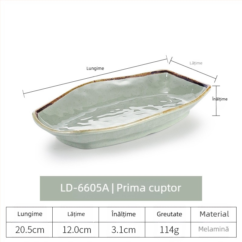 Farfurie ovală din melamină pentru pește, finisaj imitând porțelanul, stil retro japonez în formă de barcă, farfurie adâncă, lungă, pentru hot pot și grătar