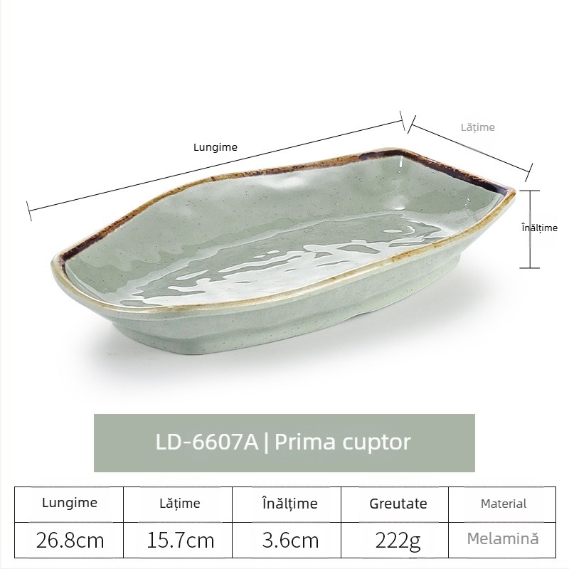 Farfurie ovală din melamină pentru pește, finisaj imitând porțelanul, stil retro japonez în formă de barcă, farfurie adâncă, lungă, pentru hot pot și grătar