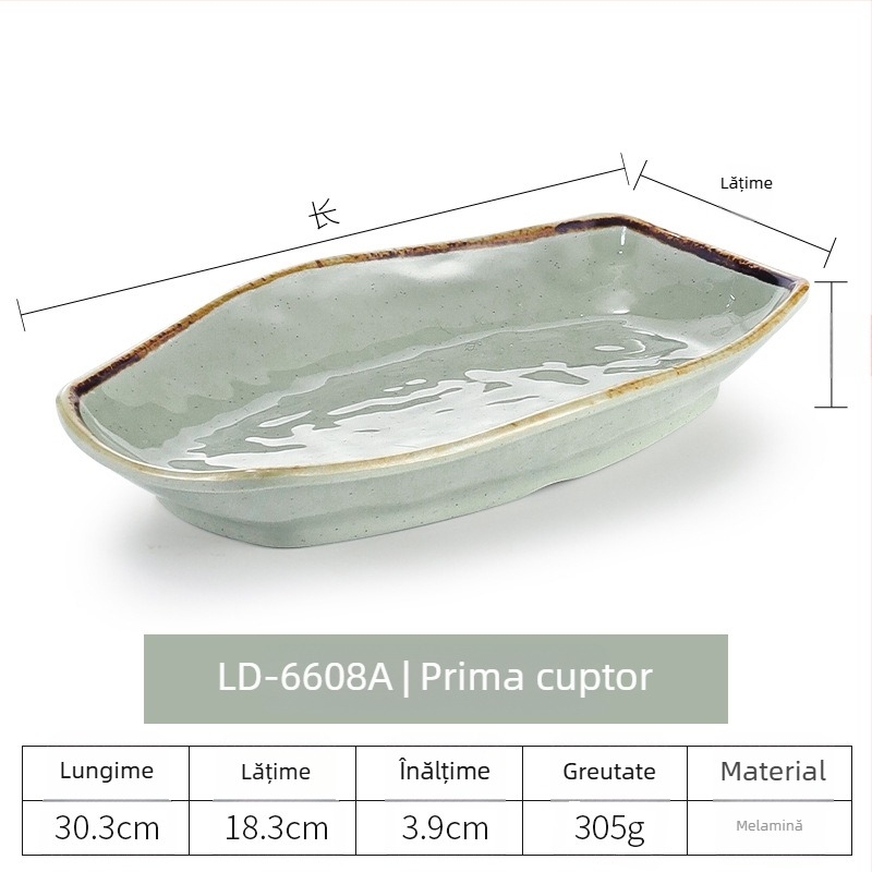Farfurie ovală din melamină pentru pește, finisaj imitând porțelanul, stil retro japonez în formă de barcă, farfurie adâncă, lungă, pentru hot pot și grătar