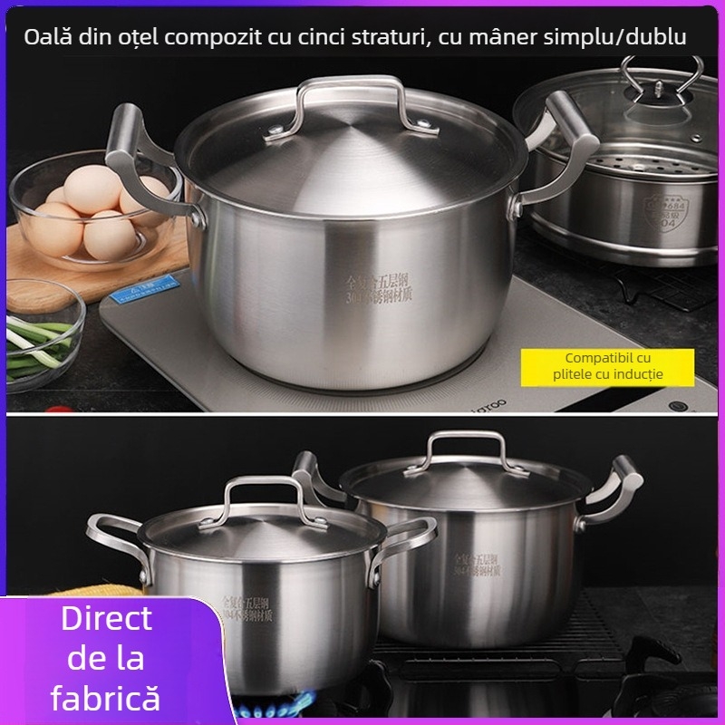 Oală din oțel inoxidabil 304, gros, pentru inducție, cu funcție de abur, construcție din cinci straturi, mânere duble, mică oală de supă, oală de abur și oală pentru lapte