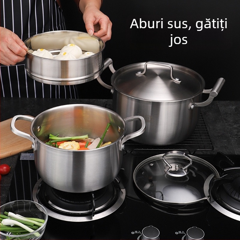 Oală din oțel inoxidabil 304, gros, pentru inducție, cu funcție de abur, construcție din cinci straturi, mânere duble, mică oală de supă, oală de abur și oală pentru lapte