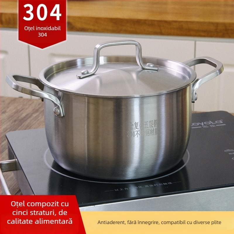 Oală din oțel inoxidabil 304, gros, pentru inducție, cu funcție de abur, construcție din cinci straturi, mânere duble, mică oală de supă, oală de abur și oală pentru lapte