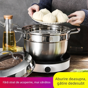 Oală de supă din oțel inoxidabil cu mâneri duble, fund gros, compatibilă cu plite cu inducție și gaze, diametru 24–28 cm, oală pentru supă și aburi