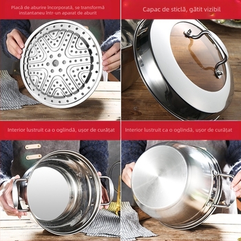 Oală de supă din oțel inoxidabil cu mâneri duble, fund gros, compatibilă cu plite cu inducție și gaze, diametru 24–28 cm, oală pentru supă și aburi