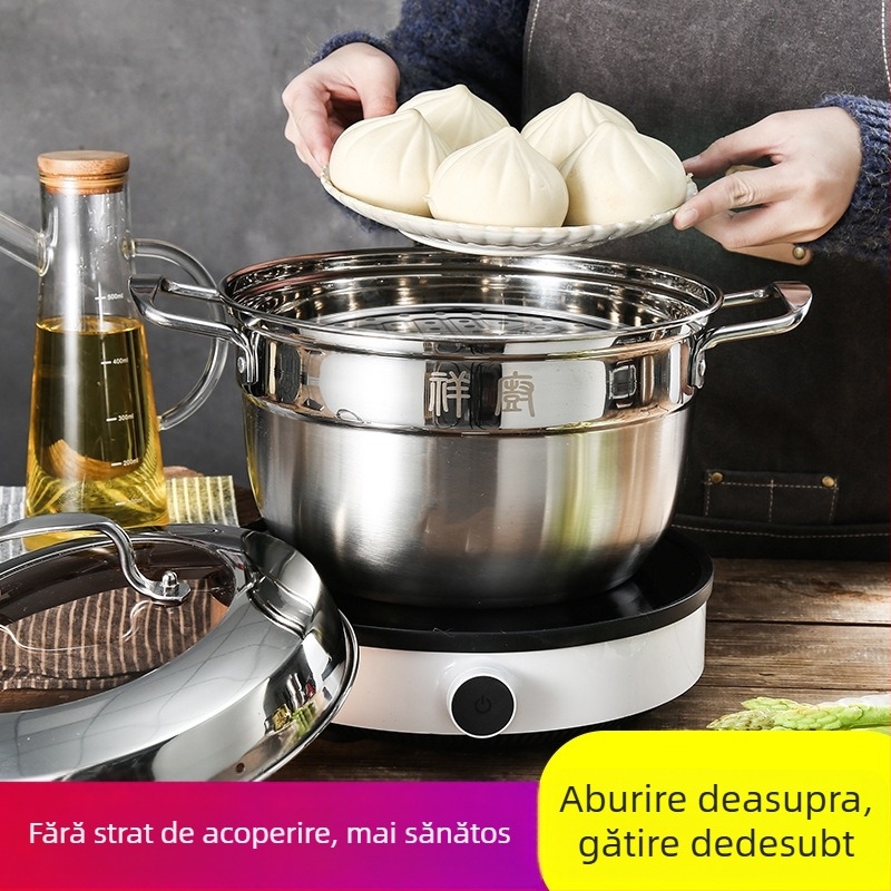 Oală de supă din oțel inoxidabil cu mâneri duble, fund gros, compatibilă cu plite cu inducție și gaze, diametru 24–28 cm, oală pentru supă și aburi