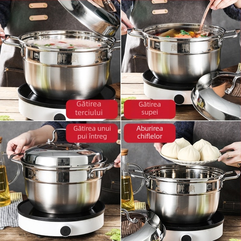 Oală de supă din oțel inoxidabil cu mâneri duble, fund gros, compatibilă cu plite cu inducție și gaze, diametru 24–28 cm, oală pentru supă și aburi