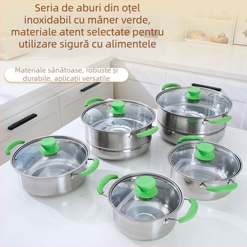 Set de aburi din oțel inoxidabil, cu mânerе verzi, material în contact cu alimente, capac din sticlă, dimensiuni 16–30 cm, rezistent la ruginire