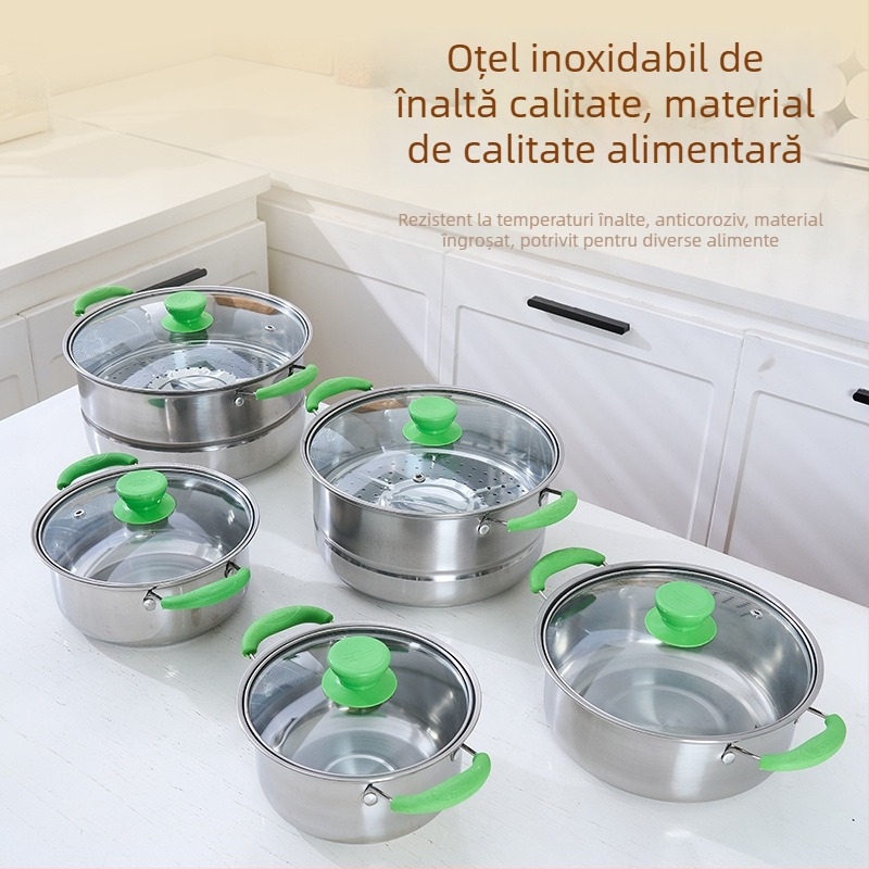 Set de aburi din oțel inoxidabil, cu mânerе verzi, material în contact cu alimente, capac din sticlă, dimensiuni 16–30 cm, rezistent la ruginire