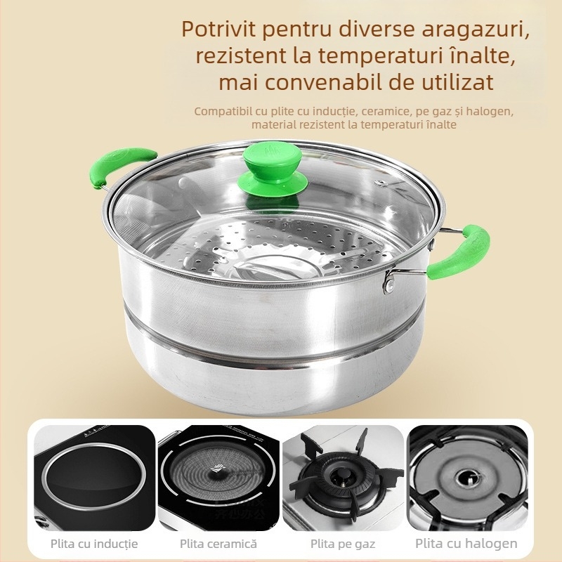 Set de aburi din oțel inoxidabil, cu mânerе verzi, material în contact cu alimente, capac din sticlă, dimensiuni 16–30 cm, rezistent la ruginire